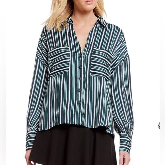 Free People Mad About You Striped Button-Up Long Sleeve Shirt Navy Large NWT - Picture 1 of 12
